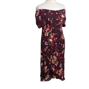 Warehouse One Burgundy Floral Off the Shoulder High Low Smocked Midi Dress